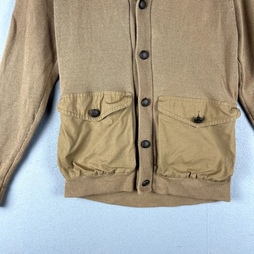 French Connection Safari Cardigan Sweater Mens Medium Tan Shawl Collar Cotton